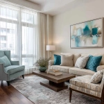 **interior design of a model unit showing the living area in french country style. walnut wood floor. light brown 3-seater sofa. teal, light blue and beige throw pillows. french provincial lounge chairs. sheer white curtains. artwork with teal still life painting, modern gray area rug, abstract painting in teal and white --v 7.0** - Image #4 <@1231814052913877045>