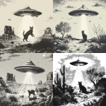 **Vintage illustration of a UFO abducting a cat in a desert setting, with a simple design in black ink on a white background. --ar 128:117 --v 6.0 --s 250** - <@756269320539209761> (fast)
