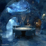 **6 Person restaurant room interior space rendering. Sea-Carved Grotto (Primitive Cave Style). Theme is Natural cave wonders sculpted by ocean waves. Hand-carved mineral paint mimicking rock texture, embedded with fossilized shells & glowing crystal clusters. Irregular dome covered with deep blue starry stretch ceiling, hanging stalactite-shaped lights. modern marble round table and chairs. Water curtain at entrance creates cave "water seepage" effect . high detail, hyper quality,high resolution.** - Image #4 <@1071797316660506746>
