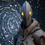 **<https://s.mj.run/C1JytmATft8> futuristic watcher sentinel in weathered bronze armor, glowing yellow eyes beneath a sleek helm, observing a holographic almagest spiral galaxy grid, dramatic cinematic lighting, Unreal Engine-style, ultra HD 8K --ar 3:2 --exp 25 --p j5vl1fh --iw 2 --v 7.0** - Image #3 <@106534493057220608>