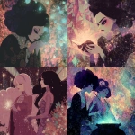 **hand-illustrated anime stills. Belladonna of sadness meets Disney. fantastical gothic sci-fi. gothic glam women, of different ethnicities, some overweight, magical in lens flare toned opulent clothing. Encrusted with diamonds, Leaves, silk, florals. Eerie neon mist traces outlines of surroundings. witchcraft, casting spells by moving glittery energy with their hands, reading lacy books, stirring a black cauldron of potion, secrets, sweetness, forest made of iridescent flames, sunsets, gravity - defying water - 1970s aesthetic. Blue, peach, lilac, green --v 7.0** - <@840730232632639528> (fast)
-# Create, explore, and organize on [midjourney.com](<https://midjourney.com/imagine?from_discord=1>)