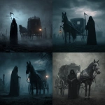 **a realistic grim reaper , standing in a dark gloomy cemetery , in front of a horse an carriage** - <@1139790958398025738> (fast)