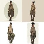 **Image In the style of Brian Froud, Dofus and Wakfu ; dark hair pulled into a high, neat bun, with loose strands softly framing the face. They wear oversized, draped tops in muted earth tones that hang loosely over wide, gathered pants. Layered barnsley fern , chokers, and large hoop earrings add bold visual detail to the look. Heavy platform boots ground the outfit with a solid, utilitarian feel.** - <@1018138887199129620> (fast)