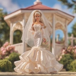**a 1980’s Barbie doll in a wedding gown of satin and chiffon. The dress is mermaid style. The veil is simple and feminine. In the background is a beautiful gazebo. Ultra realistic, highly detailed, photorealistic. HD --v 7.0** - Image #1 <@1327691479602298971>