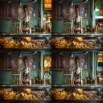 **English fish and chip shop, young attractive glistening woman wearing what might be considered a dangerous outfit to wear around hot oil; a mini skirt and cropped top. Scooping chips out of a vast fryer filled with oil, a glass display cabinet atop the fryers in front of her at chest height, with warm battered offerings contained: battered cod, piles of saveloy sausages, pies in aluminium foil dishes. On the counter top are Proper large salt and vinegar shakers , wooden forks and large jars of pickled onions and pickled eggs. paper wrapping for the chips. colourful chip shop menu on a tiled wall behind her, epsilon aurigae constellation can be seen through the glass window, retro futurism --raw --ar 16:9 --v 7.0** - Variations (Region) by <@744210433703018499> (relaxed)