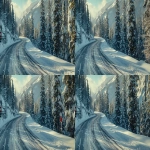 **snowy raod in the Canadian Rockies, afternoon light, icy curves winding through snow-covered pine trees, Jamaican flag painted on a sign, vintage 1980s sports film aesthetic, cinematic lighting, subtle bokeh, 35mm lens perspective, eye level perspective, crisp winter air, packed snow trails, rustic Olympic signage, nostalgic and inspirational mood, filmic color grading, inspired by Cool Runnings --v 6.0 --raw --ar 103:45** - Pan Right by <@1108527117265797270> (fast)