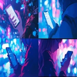 **comic book Cel-shaded anime style with bold clean linework, close-up of a hand gripping a phone unsteadily, screen glowing with unread messages or typing bubbles, blurred bokeh lights in the background, slightly tilted "drunk" composition, dark atmosphere with blue and magenta accents, emotional and intimate framing --niji 6 --ar 16:9** - <@257221362568003584> (fast)