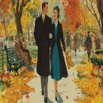 **vintage illustration of an american couple in love, walking hand-in-hand through the park on a fall day with colorful leaves falling around them. the man is wearing an overcoat and black shoes, while the woman wears a long coat with a blue top underneath it and a hat. they both have happy expressions. in the background, there are people sitting on benches and trees with autumn foliage. --ar 64:35 --v 7.0** - Image #2 <@1142201622697623682>