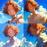 **A close-up portrait of Yosuke Hanamura from Persona 4, in a bright and cheerful summer atmosphere. He is smiling softly under a warm sky filled with blue and white clouds. The lighting is golden and radiant, casting soft highlights on his face and hair. The background evokes a breezy summer day, enhancing the lighthearted and youthful vibe. Rendered in the style of Rella soft, clean lines, expressive features, and beautiful, luminous shading. Use warm tones throughout the composition, with a gentle glow and elegant color transitions. Focus on his gentle eyes and light brown hair moving slightly in the wind. --niji 6** - <@762679659153850410> (fast, stealth)