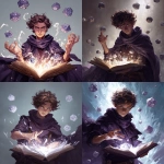 **a d&d character portrait depicting a young man with short brown curly hair and eletric eyes, wearing a dark purple cloak. he is throwing dice into the air from an open book he is holding, and his hands are glowing white as he casts magic. floating d20s surround him, in a fantasy art style painting. --ar 57:64** - <@568579821861339137> (fast)