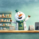 **in a children's book style frosty the snowman in a pharmacist jacket behind the counter, friendly, clean, white background, slight green highlights, happy, welcoming, wearing a top hat --v 7.0** - Image #4 <@641548253271425034>