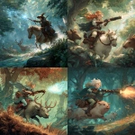 **fairy witch riding a boomstick through a forest to distract the animals blow, high-res with background, magic the gathering art style** - <@341604543177555968> (fast)