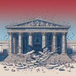 **A simplified political cartoon in 9:16 format showing a cracked Supreme Court building collapsing inward, the words ‘One Person, One Vote’ visibly fracturing across its base. Cartoon style, clean lines, minimal detail, flat colors, no blood or gore, symbolic rather than realistic. Empty background or soft gradient, muted red-white-blue palette. Emphasize symbolism and simplicity over realism. --ar 9:16 --v 7.0** - Upscaled by <@925081513199017995> (fast)