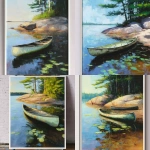 **<https://s.mj.run/fQ-4uXzqz34> an abstract acrylic painting of a georgian bay island in spring with a pale green canoe on the shore. Towering white pines and rocky shoreline. Make the sunlight at day break. strokes should be long and loose. perspective is looking at the shoreline from the water.** - <@1149448379978489937> (fast)