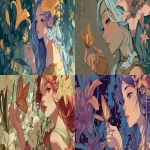 **An illustration with intense tones of a spring's goddess in 3/4 view holding a butterfly in her hand and wearing a lily in her hair, in colorfull and anime style. --ar 16:9** - <@1068240844349509652> (fast)