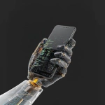 **iphone17, straight on, held by robot hand made of coding lines --v 7.0** - Image #4 <@1048326817838280714>