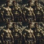 **Realistic 3d rendering. Full body portrait of two characters. ruggedly handsome, Hyper muscular handsome twin green skinned orcs, bright silver eyes, short curly redred hair, short pointed ears, defined muscles, pronounced features, hyper muscular, wide Grecian nose, strong square jaw, defined cheek bones, masculine features, freckles. Bodybuilder. wearing a tight short leather skirt. His oiled skin glistens under intense studio lighting. A strong camera flash highlights the shine on his muscles, creating bright reflections on his body, arms, and thighs. Retro fitness photography style, slightly exaggerated lighting contrast, 90s magazine aesthetic, center-framed, studio portrait shot. Standing and posing in a sunny rocky field. --v 7.0 --ar 1:1** - Zoom Out by <@1222981214734913607> (relaxed)