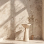 **Studio-style interior photo for furniture catalog use. A single empty plant stand or pedestal centered in the frame. The pedestal is completely empty. No items on top. No plants. No decor. No accessories. No objects of any kind on the stand or surrounding surfaces. Minimal boho interior design. Light neutral palette (off-white, soft beige, pale wood). Simple plaster wall background. Clean floor or tabletop surface with nothing placed on it. Bright diffused studio lighting, flat, even illumination, no directional light, no visible shadows, low contrast. Symmetrical composition, centered framing, large negative space, product documentation photography style, furniture design catalog aesthetic, DSLR quality, 50mm lens. --ar 4:3 --v 6.0 --chaos 0.5 --raw** - Image #1 <@1090435486935433258>