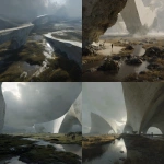 **cracked vertical highways spiraling through flooded grasslands and deep marshes, massive natural bridges arching over abyssal rifts, photo-realistic style, white smooth concrete bunkers partially submerged, futuristic opera stadium carved into the landscape, eerie atmospheric haze, crowds of people suspended midair in slow motion, enormous boulders orbiting above like moons, glowing lens flares as sleek spacecraft drift past, bizarre moonstone-skinned drones pulsing softly above the road like jellyfish, hyperreal lighting, towering spires with warped geometries, soft orange glows, hidden waterfalls roaring in the distance, ancient war relics half-buried in the mud, twisted white willow trees veiled in mist, crepuscular rays illuminating surreal terrain --v 7.0 --p 3yk8su5** - <@1077492926550134864> (fast)
-# Create, explore, and organize on [midjourney.com](<https://midjourney.com/imagine?from_discord=1>)