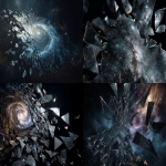 **a photorealistic, shattered antique mirror floating in a black void, the shards are not falling but are suspended in place, each shard reflects a different part of a swirling cosmic nebula instead of a person, cinematic lighting, ultra-detailed --ar 16:9 --raw** - <@1090799901803286538> (fast)