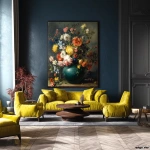 **a large painting of flowers in an emerald vase hanging on the wall above a sofa and armchairs, in a modern interior design style living room with yellow chairs, dark blue walls, a colorful flower bouquet in a green and golden clay pot, vibrant colors, oil paint texture, brush strokes, a large canvas, ultra-realistic, hyper-detailed, and a cinematic look, with the text "rastegar, ohio" at the bottom right side. --ar 128:125** - Image #1 <@1313000520759377972>