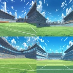 **the background depicts a soccer stadium in an anime style, with no people on the field and no fans sitting or standing in the stands. the scene features green grass with white lines for a football field, a bright blue sky without clouds, and detailed, high-resolution, high-quality stands. --ar 16:9** - <@847316063481102406> (fast)