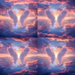 **Digital art depicting two angel wings in the sky with clouds in the background, a sunrise, and pastel colors. This digital painting has a fantasy art style, a symmetrical and centered composition, and is visually beautiful. --ar 4:7 --v 6.0 --s 250** - Zoom Out by <@756269320539209761> (fast)