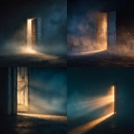 **a mysterious half-open antique wooden door in a dark corridor, soft golden light seeping through the gap, surrounded by gentle mist and dust particles in the air, cinematic lighting, high detail, 4K, realistic texture, soft focus background, moody atmosphere, cold blue shadows with warm highlights, dramatic and emotional composition** - <@1150865017890160691> (fast)