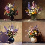 **A bouquet of Texan wildflowers in a glossy vase, a warm, light color scheme for the background, in the style of Ilya Repin's painting, with lilac shadows.** - <@397396364566462464> (fast)
