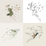 **a minimal line graphic illustration line drawing of peter pan with no hat and clothes made of leaves flying through the air.** - <@1141055346790645780> (fast)