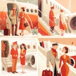 **Pilot and stewardess greeting people on the airplane steps, cute commercial illustration in light white, beige, orange and bright red tones, add Christmas atmosphere and snow --v 7.0** - <@1178911175929499672> (fast)