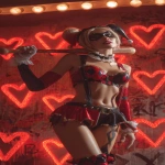 **Harley Quinn in her classic black and red jester outfit, standing under a glowing red spotlight, holding her bat over her shoulder, chaotic graffiti hearts and X’s on the wall behind her, playful but dangerous expression, cinematic red tones, space for lyrics --ar 9:16 --v 7.0** - Image #4 <@257221362568003584>