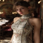 **ultra realistic, highly detailed high necked summer luncheon dress worn by a beautiful young woman standing with a fancy restaurant behind her. HD --v 7.0 --ar 2:3** - Image #4 <@1327691479602298971>