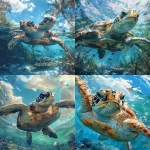**A majestic sea turtle gracefully gliding through the crystal-clear waters of an exotic ocean, surrounded by lush coral reefs and swaying seagrass. Focused on the face, a realistic oil painting illustration, vintage poster design with a blue sky background, vintage-inspired designs that evoke nostalgia, with warm tones, brush strokes, and highly detailed illustrations on a white background. --ar 5:7 --v 6.0 --s 250** - <@756269320539209761> (fast)