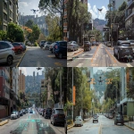 **Street-level view of a smart urban street in Belo Horizonte, Brazil, with parked cars in public parking spots. Show visible digital infrastructure: street cameras mounted on poles, a surveillance drone hovering nearby, LED indicators above the curb showing spot availability, and subtle augmented reality overlays. The environment is clean, modern, and connected, with low buildings in the background and the hills of Belo Horizonte subtly visible. Color palette includes dark gray, moss green, and burnt orange accents. No people. Focus on a realistic yet slightly futuristic aesthetic. --ar 16:9 --v 6.0** - <@361336964084924446> (fast)