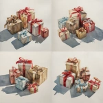 **a wide and short watercolor style image of five to six gifts scattered accross a wide surface with space inbetween them. the watercolor should be light and airy. naturally lit. The gift wrapping paper should be neutral colors of beige or red.** - Variations (Strong) by <@1162445754221215925> (fast)