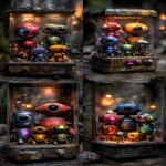 **<https://s.mj.run/8ZWPiUwi6E0> <https://s.mj.run/Zy-CetMk3hk> prizes in an old rundown alien claw machine, Cute Pixar style robots, family made of iridium and rust, red, blue, green, orange, yellow, black, silver, seen thru the glass, black background, sref 129797111 --ar 4:7 --profile xq1185d --v 7.0** - <@1002947002323185734> (fast)