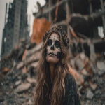 **Woman with skull make up standing over destroyed building in city with debris and collapsing, Ghost city, Halloween mystery concept, --ar 3:2** - Image #2 <@1101345517448986756>