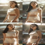 **<https://s.mj.run/BL_53ZbS-bc> a cinematic ultra-realistic full-body portrait of a Korean female ceremonial baseball pitcher standing on the mound before the first pitch in a bright stadium, referencing the face, body style, and pose from the provided image, wearing a tight stretch-fit sleeveless cropped sports top and short white spandex shorts, both in matching ivory or pure white tones, made of thin high-performance fabric, no logos or text, toned athletic physique, confident expression, sunlight illuminating her figure, blurred cheering crowd in the background, cinematic lighting, natural skin texture, 9:16 vertical frame --v 6.0 --ar 9:16 --no watermark --raw** - Variations (Strong) by <@1404035603569311864> (fast)