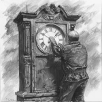 **pencil sketch, black and white, square composition, surreal metaphorical artwork, an old-fashioned grandfather clock with its large clock-hand being grabbed and pulled backwards by a young handsome investor 25 years old, symbolic of founder vesting reset and time stolen back, sketchbook style, visible pencil strokes, crosshatching, high contrast, dramatic and thought-provoking --ar 1:1 --v 6.0 --raw** - Image #1 <@1050631111002296333>
