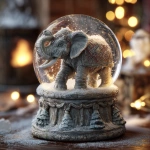 **A snow globe encased in a giant Asian elephant-shaped outer frame, oversized elephant dominating the design, snow drifting inside the glass sphere, warm and soft lighting, artistic realistic style, on the table noel** - Image #2 <@847871507090112512>