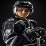 **Upper body portrait of a charismatic 14-year-old Canadian male ice hockey player, wearing a modern black and silver uniform with chrome accents and a bold NHL-style bear logo on the chest, black gloves, helmet with clear glass visor. Charismatic, confident, determined expression, youth NHL rookie energy, styled like an official NHL promotional poster. Ultra-realistic dramatic sports photography, cinematic studio lighting with bold contrast, HDR effect, sharp detail, intense focus. Captured with a Sony α7R IV camera, 85mm lens, f1.2 aperture --ar 2:3 --raw --v 6.1** - Image #2 <@1007029574430892245>