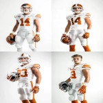 **<https://s.mj.run/pKOnu8uzZW4> high-key bright white background sports portrait of a 14-year-old American football player in full pads, shown from head to thigh in a strong upright stance, holding his helmet naturally by his side with one hand, looking powerfully toward the camera with intensity, clean white jersey with burnt orange numbers and details, burnt orange accents on gloves, pants stripes, and helmet, detailed athletic uniform with crisp textures, modern gloves and gear, dramatic clean studio lighting with glowing highlights and sharp contrast similar to professional team media day photos, cinematic sports photography style, ultra-detailed, vibrant and realistic, professional sports portrait composition --ar 2:3 --v 6.1** - <@1007029574430892245> (fast)