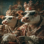 **Ultra HD full body portrait photo of two gangster cows, wearing crowns with lots of gems on the crown, wearing sunglasses. the two cows are at a party and are holding their arm out with drinks in their hands doing a cheers motion to celebrate. background is decorated with a royal theme. taken with a cannon eos, hyperrealistic, natural lighting --ar 2:3 --raw** - Image #2 <@1103975769467789322>