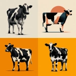 **A fully visible cow illustrated in a flat, highly simplified, and deformed graphic style. Use bold black lines, large geometric shapes, and high-contrast black-and-white patches. No shading, no realism, no texture. The cow should look abstract, playful, and pictogram-like, with a completely flat, poster-style appearance. The composition should show the entire body in a minimal, modern Japanese illustration style suitable for packaging design.** - <@1263833281322029154> (fast)
