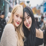 **a photo of two young k-pop idol girls in the city street, one blonde with bangs and long hair wearing stylish elegant autumn fashion with exposed décolleté (light knit or off-shoulder top with skirt or light jacket), the other a black-haired girl in modern chic autumn attire (not too heavy, slightly revealing neckline for a refined look), both smiling at the camera. the background is blurred cityscape to emphasize their expressions and interaction. no hats, natural hairstyle. --ar 3:2 --v 7.0** - Image #3 <@439649665210908673>