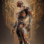 **full body ripped robotic masculine man / with exoskeleton made of forged aluminum / anodized in a stunning finish of elegant bold and eye-catching cosmic orange / electrifying / great and terrible beauty / background depicts ornate complex lattice patterns of beauty and wonder / full length view --no borders, frames, grids, split screens, tiles, women, girls, females** - Image #1 <@1080572898269466724>