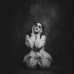 **a black and white photo-realism of a young girl, in ragged white dress, and heavy, dark makeup. she i. she is looking upwards, with her fingers in her eye sockets and grinning. eerie, unsettling.** - Image #4 <@376196082390138880>