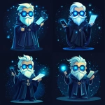 **Futuristic legal wizard mascot, glowing blue eyes, wearing a judge robe mixed with a wizard cloak, holding a digital scroll and a smartphone, cartoonish but clean, high-tech magical vibe, flat design - vector art --s 250** - Variations (Strong) by <@844314166369583134> (fast)