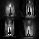 **black and white image of man standing, carrying 2 large duffle bags, in a dark, empty, run down, desolated hallway with an elavator up ahead, in 4k resolution, in the style of speedpainting, creepypasta, bill watterson, slender, kevin hill, romantic illustration --ar 16:9** - <@1196823091653914734> (fast)